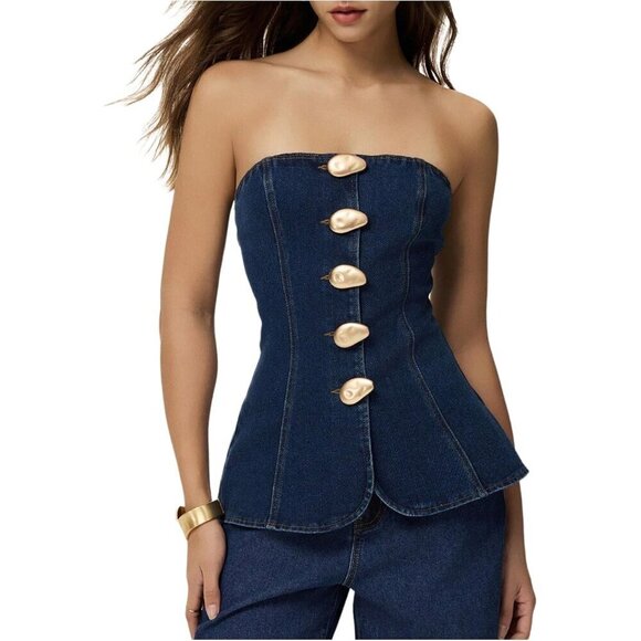 Tops - Women's Denim Tube Top Non Stretch Slim Fit Sleeveless Casual Vacation